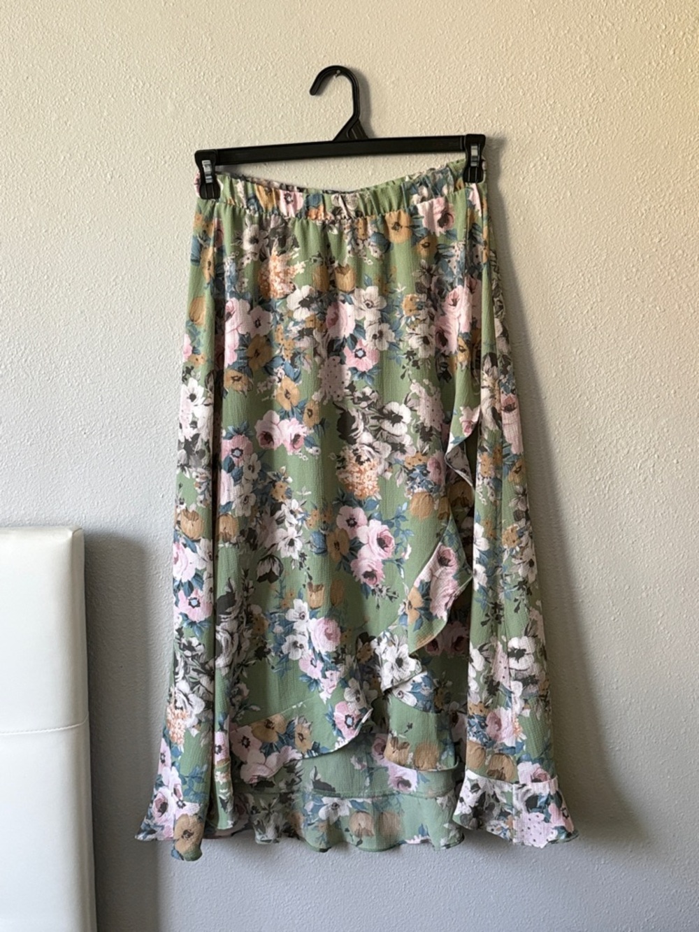 Floral Green Ruffle Wrap Midi Skirt